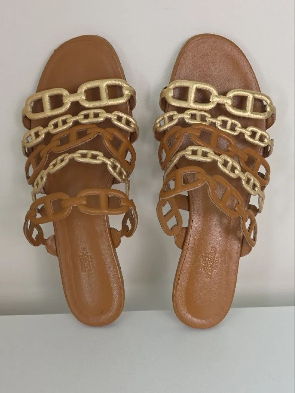 Hermes Brown Slide Sandals with Gold Chain Straps.  Size 38.  US Size 7 1/2.